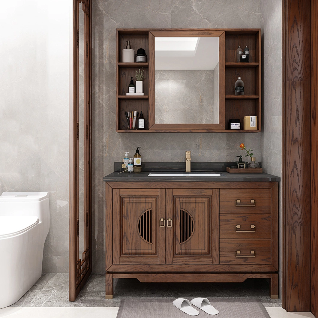 Chinese Style Luxury Floor Wooden Bathroom Cabinet Marble Double Sink Vanity Cabinet