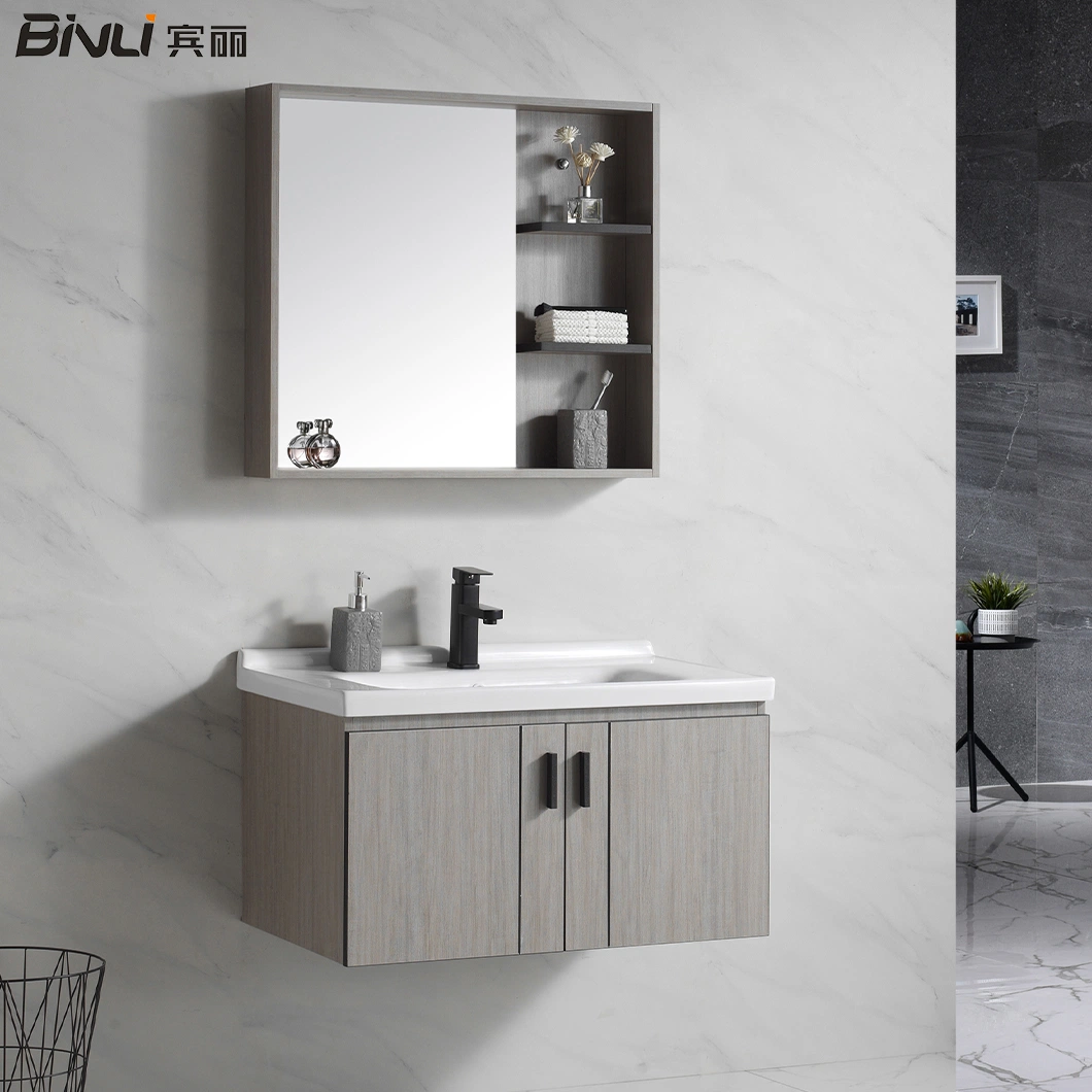 Modern Style Hot Selling Custom Home Sanitary Ware 800mm Wooden Vanity Bathroom Cabinet Furniture with Single Smooth Ceramic Basin